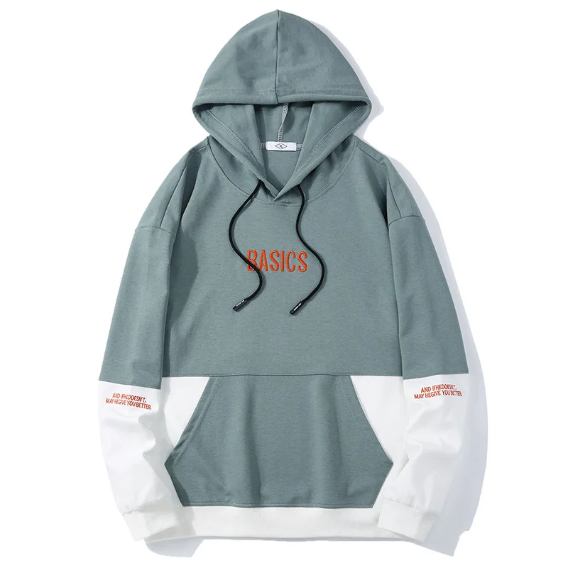 

Men's hooded sweater autumn and winter new stitching contrast color men's hoodie trend embroidery pullover men's sweater