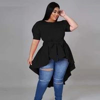 elegant blouses loose casual round neck lace up top short sleeve solid color long swing t shirt commuter shirt summer 2022