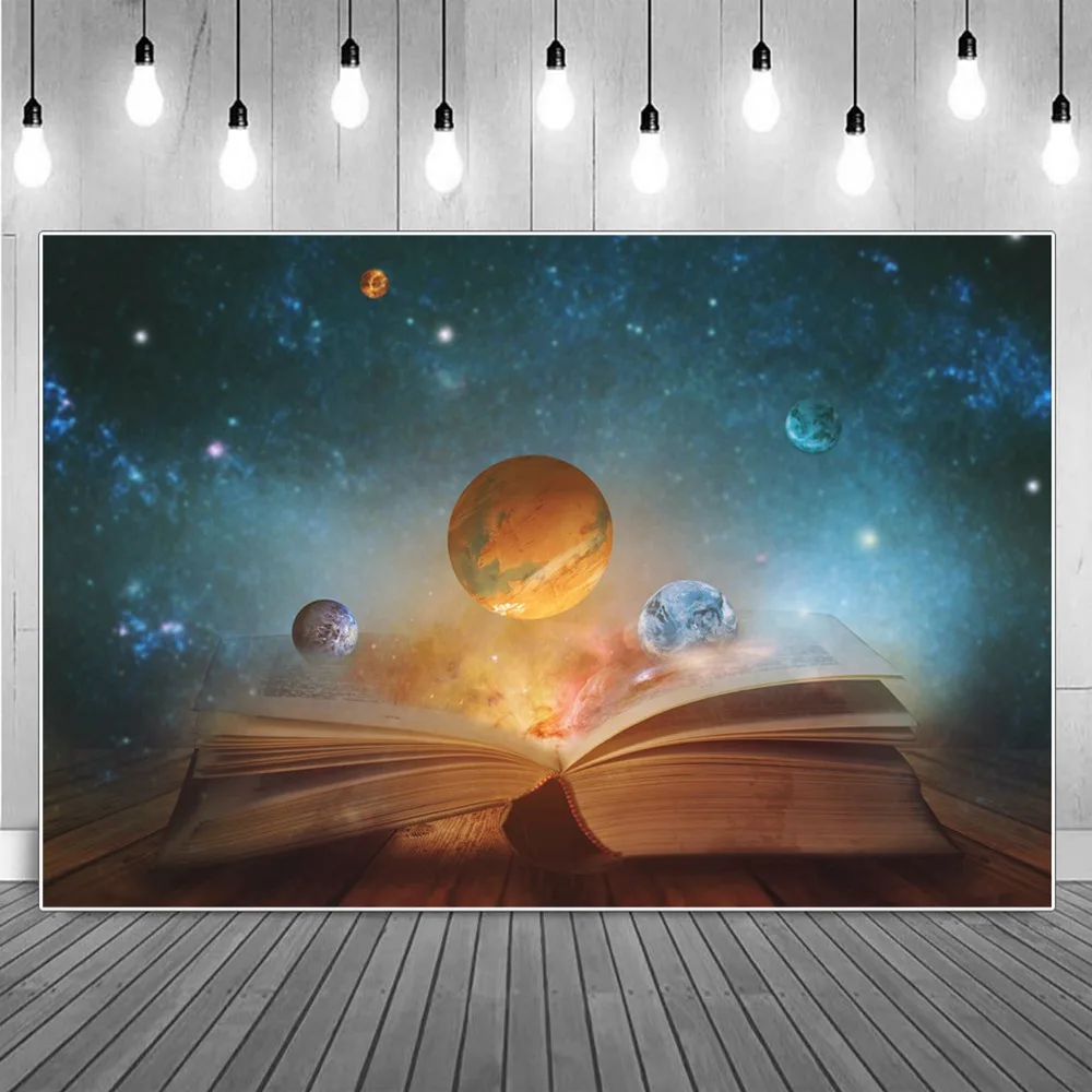 

Boys Outer Space Book Decoration Birthday Photography Backdrops Custom Fairy Tale Planets Children Party Photographic Background