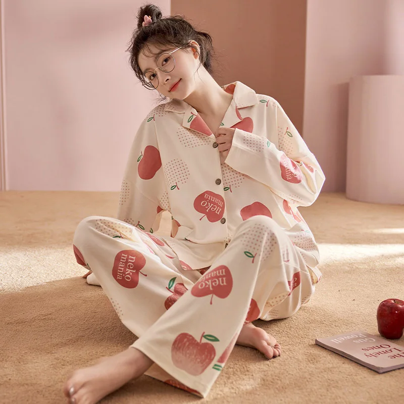 Yasuk Spring Autuum Fashion Women's Casual Print Pocket Sleepwear Homewear Cute Lovely Pajamas With Pants Soft Cotton Peach