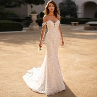 classic off the shoulder appliques sweetheart neck chiffon mermaid wedding dress for bride 2022 button decoration bridal gown
