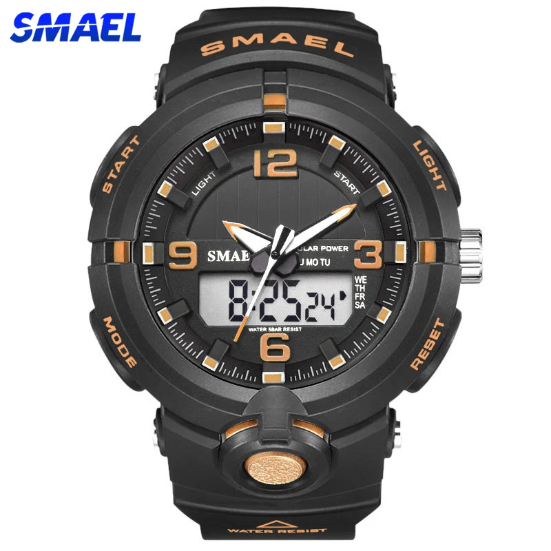 

New 2022 SMAEL Brand Solar Energy Watch Digital Quartz Men Sports Watches Multifunctional Dual Time Outdoor Military Wristwatch