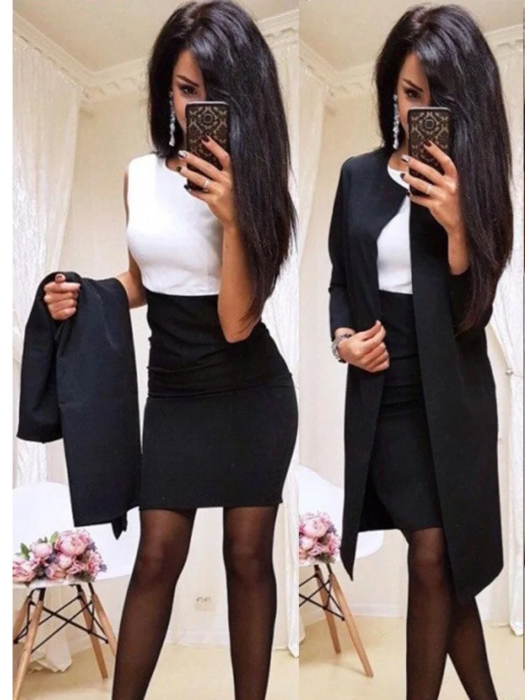 

Women's two-piece professional skirt suit fashion solid color long coat and high waist A-line skirt suit 2021 temperament suit