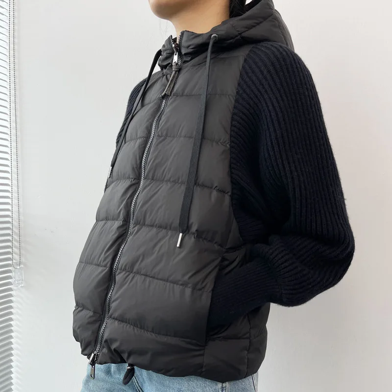 Down Jacket Short Hooded Winter Ladies 90 White Goose Coat Jackets Noble Gesture Splicing White Black Zipper Drawstring Women