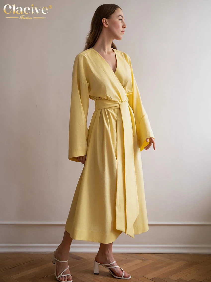 

Clacive Casual Loose Yellow Midi Dress Ladies Fashion V-Neck Long Sleeve Lace-Up Dress Elegant Classic Dresses For Women 2022