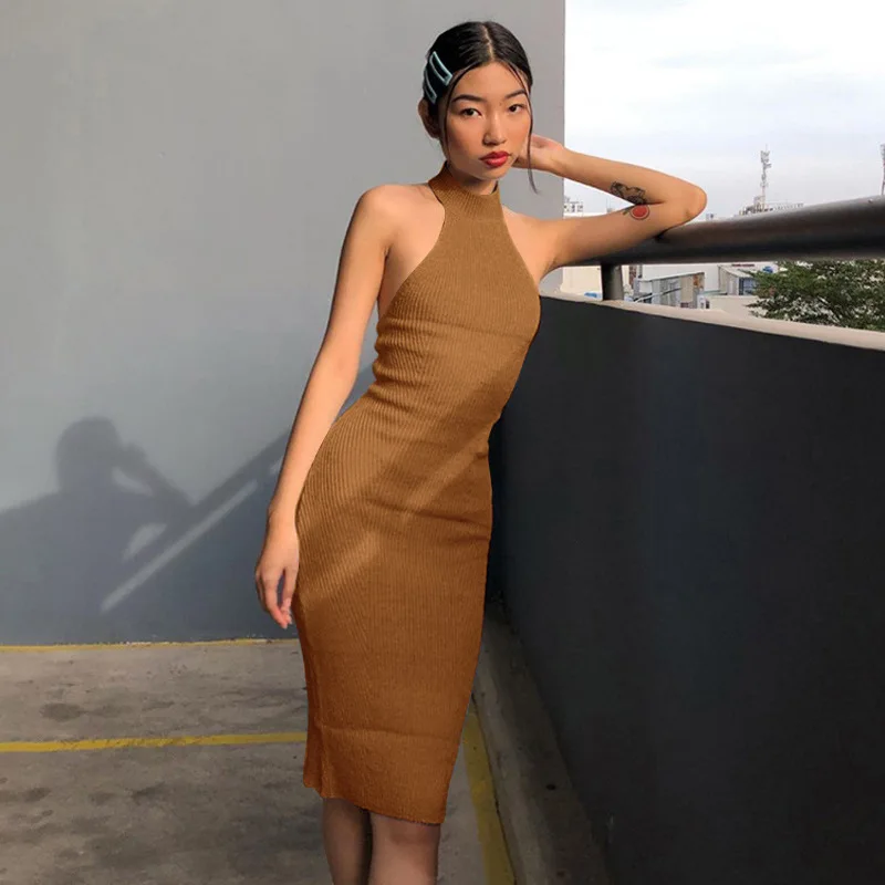 

2022 New Women Halter Knitted Long Dress Sleeveless Solid Bodycon Vintage Dress Ladies Sexy Base Clothes Summer Fall