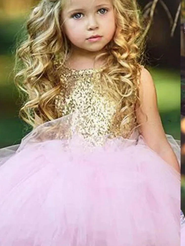 

Gold Pink Flower Girl Dress Cute Skirt With Sequins Sleeveless For Wedding Birthday Party First Communion Gowns