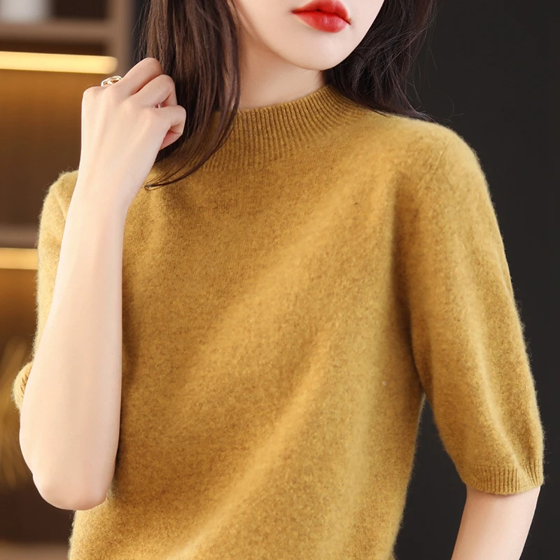 

Spring\Summer WomenHalf Height Collar Short Sleeve Wool Knitted Pullovers 100% Cashmere Sweater Solid Color Loose Casual Tops