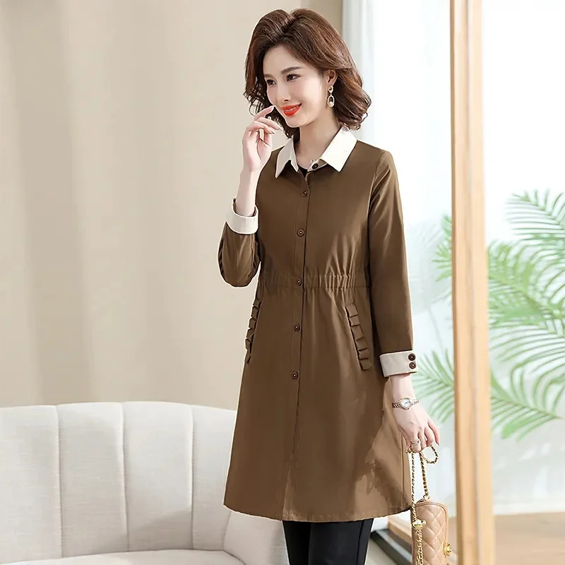 Spring Autumn New Jacket Women's Fashion POLO Windbreaker Large Size Coat Slim The Long Outwear Waist-Closed Ladies Overcoat Top