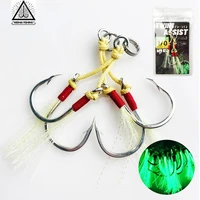 wh 2pairslot metal jig double assist hooks with pe line feather solid ring saltwater fishing hook for jig lure 5g 250g