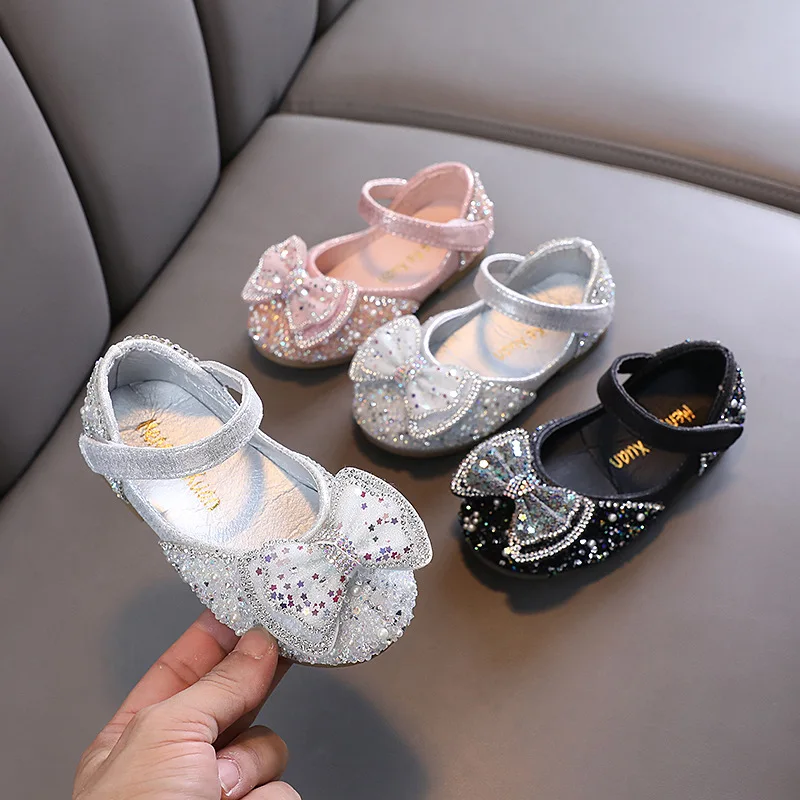

Newest Autumn Spring Girls Leather Shoes Children Girls Baby Princess Bowknot Sneakers Diamond Single Shoes Kids Dance Shoes