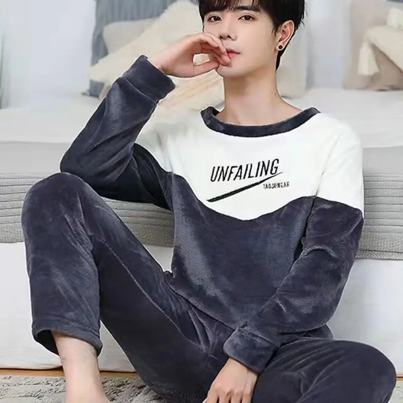 Men's pajamas winter plus velvet thickened flannel warm autumn and winter coral fleece suit home service plus size 2022