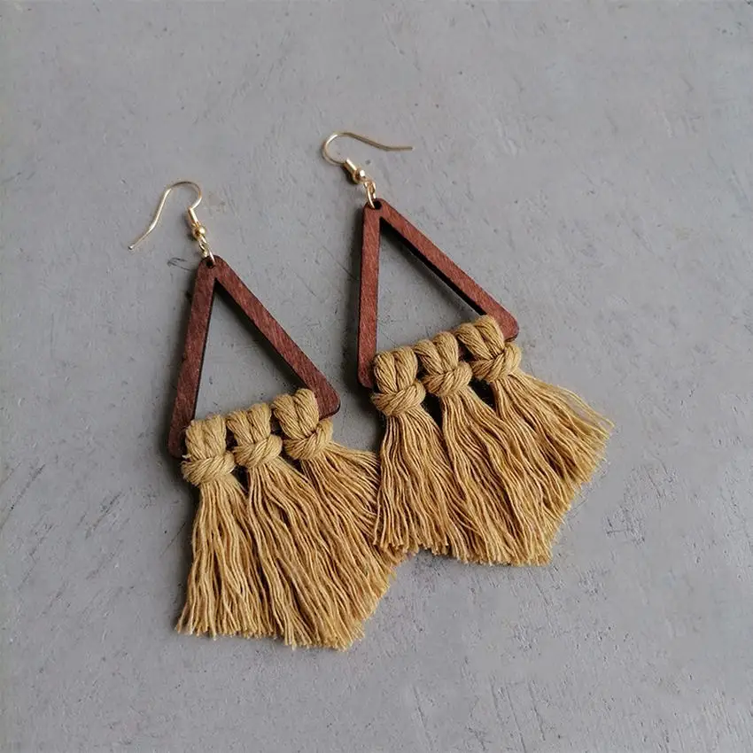 Треугольные деревянные серьги ручной работы для женщин Новые легкие с бахромой