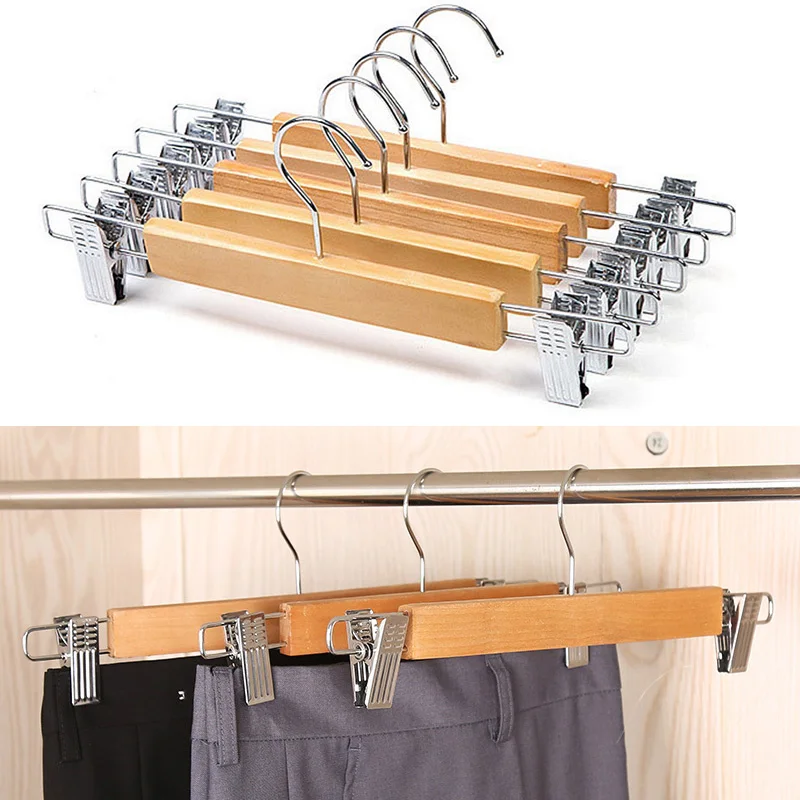 

Wooden Skirt Hangers with Adjustable Clips Non-Slip Trouser Natural Finish Lotus Wood Pants Hanger 360 Deg Dropshipping