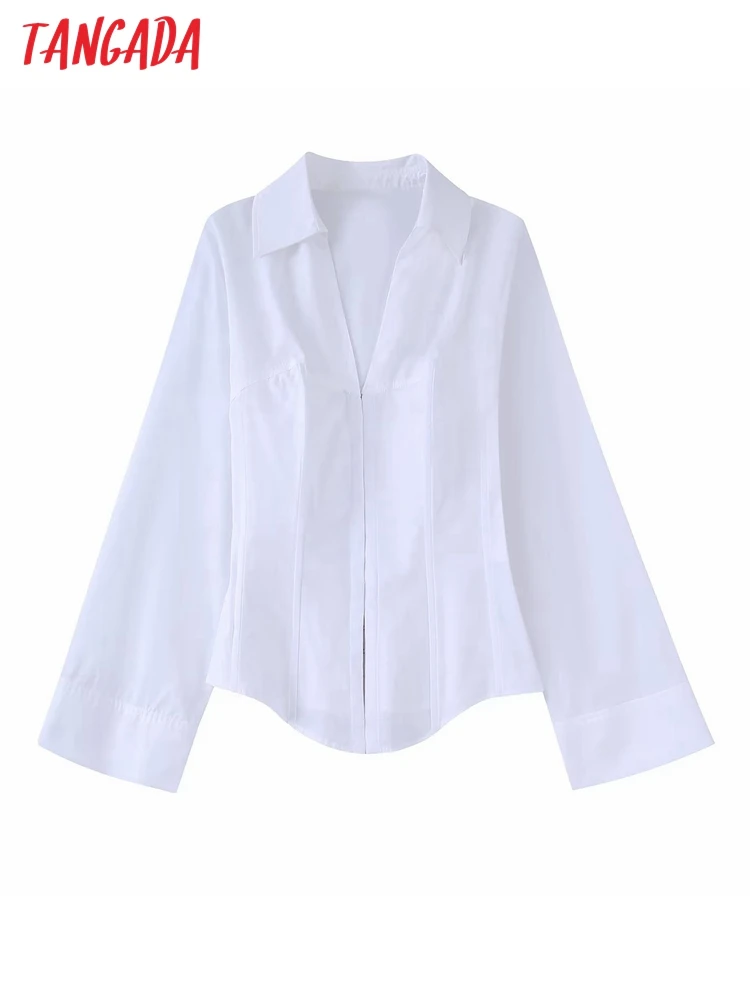

Tangada Women Fashion Poplin Cotton White Tunic Shirts Vintage Long Sleeve Front Metal Hooks Female Blouses Blusas BE480