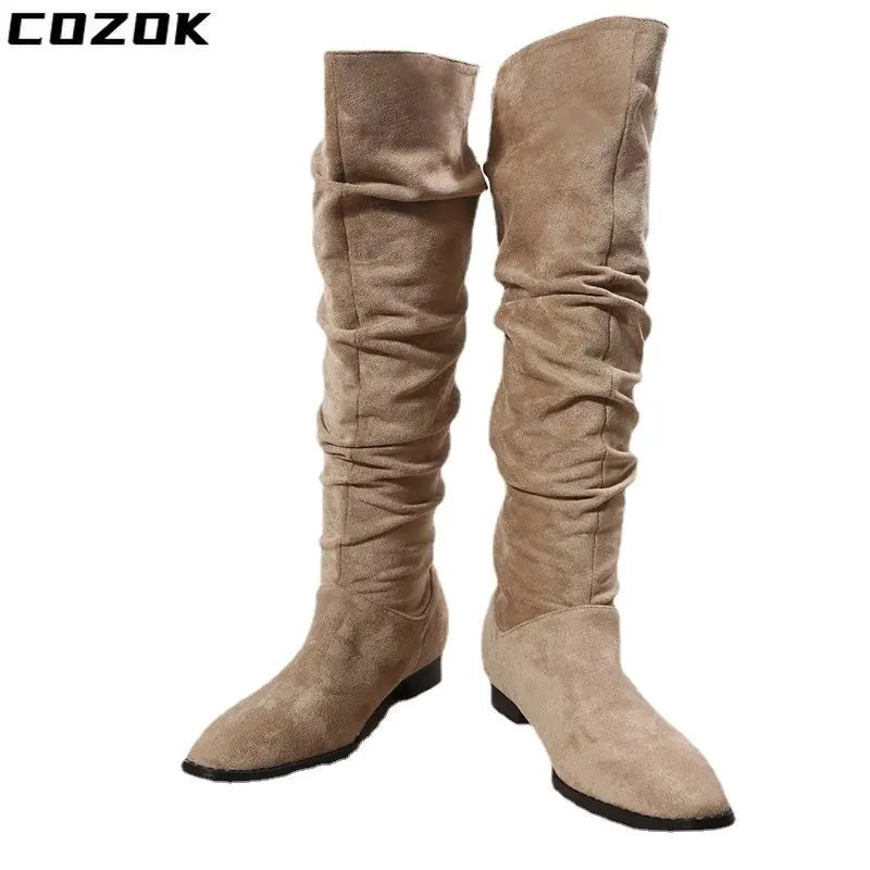 Women's Warm Boots Women's Knee Short Boots Women's Shoes Thick Sole Faux Suede Soft Zipper Women's Winter 2022 Thigh High Boots