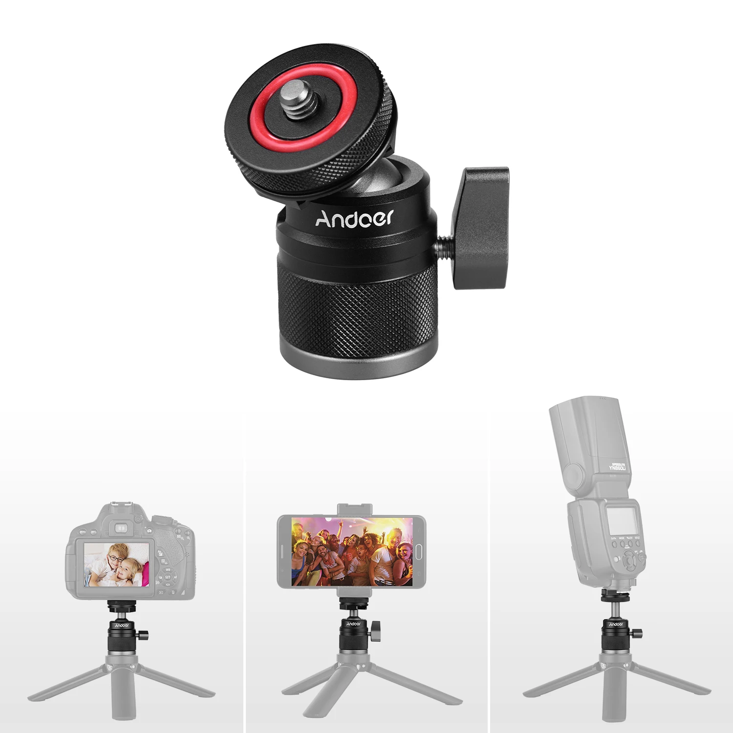 Andoer 2 in 1 Mini Cold Shoe Ball Head Dual Use with 1/4 Screw Cold Shoe Mount 360 Swivel Aluminum Alloy For Camera Phone Holder