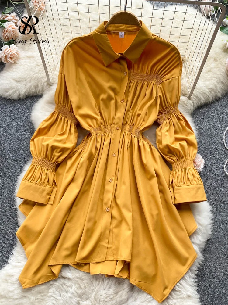 

LIRUICHENG Irregular Dress Solid Women Summer 2023 Elastic Waist Long Sleeves Fashion Elegant Ladies A Line Mini Dresses
