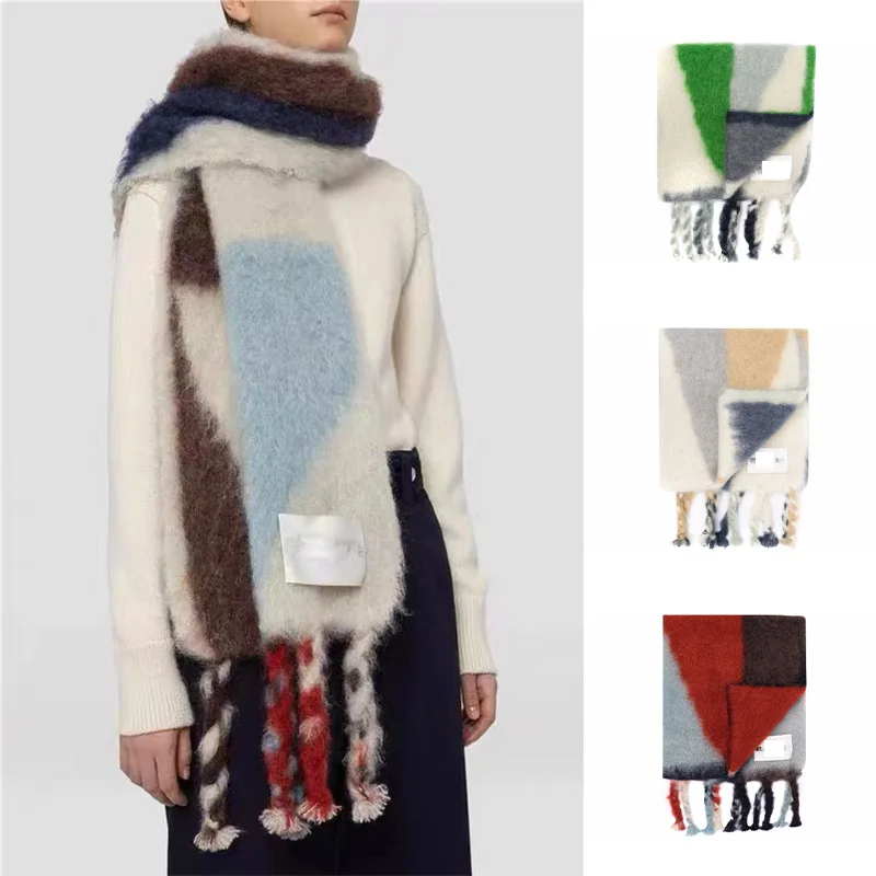 

New Style Women's Geometric Gradient Mohair Scarf In The Winter of 2022. Color Blocked Tassel Imitation Cashmere Scarf.Jil