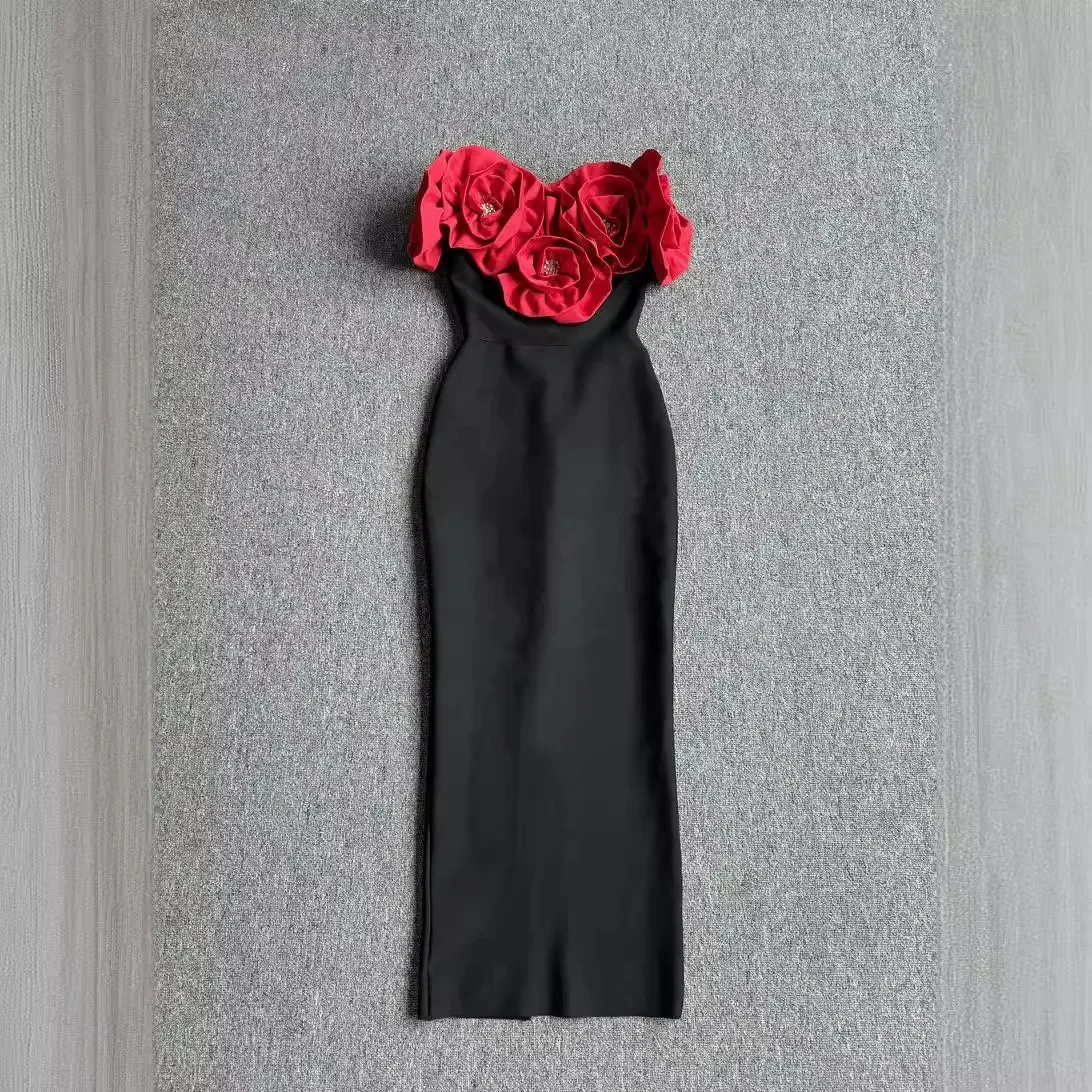 Красное модное облегающее повседневное длинное платье без бретелек рукавов с