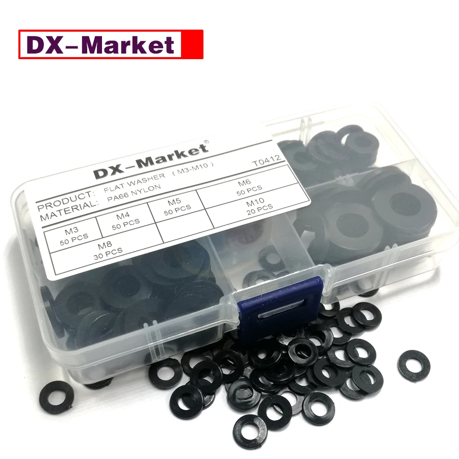 

M3-M10 Flat Washers Kit 250pcs ,PA66 Nylon Polyamide Plastic Fasteners ,F017