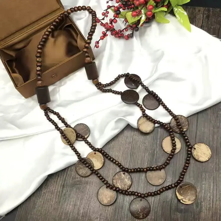 

Nepal Handmade Beaded Pendant Natural Coconut Shell Necklace Women's Buddhist Beads Retro Literary Bohemian Sweater Chain Long