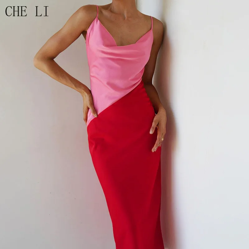

Hot Selling Fashion Irregular Color Matching Satin Suspender Dress European and American Women's Dress 2022 Summer Slim Dress