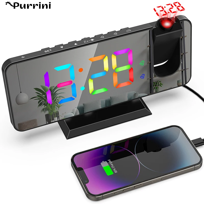 

Большие зеркальные двойные часы-будильник RGB с постепенным изменением цвета проекционные часы электронные часы