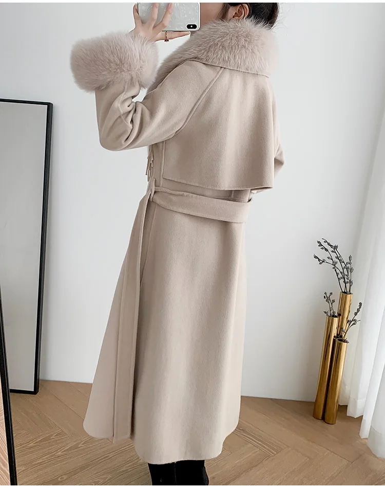 Real Fur Coat Women WinterTassel Cashmere Wool Blends Jacket Fox Fur Collar Cashmere Wool Blends Long Outerwear Ladies Streetwea enlarge