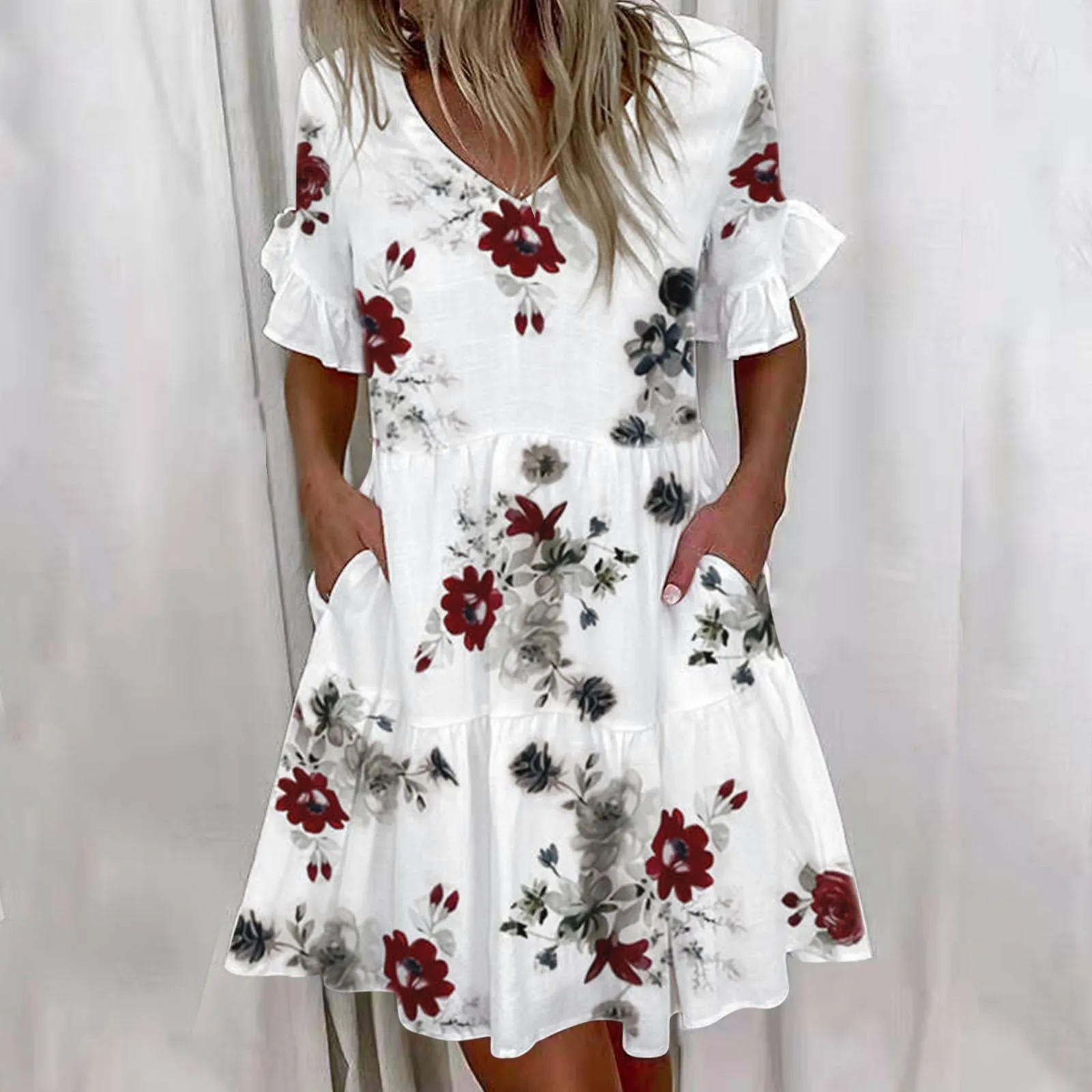 

Women V Neck Printing Ruffle Mid Sleeve Pleated Dress Women's Pocket Dress Women's Pocket Dresses Night Shirt Women Long