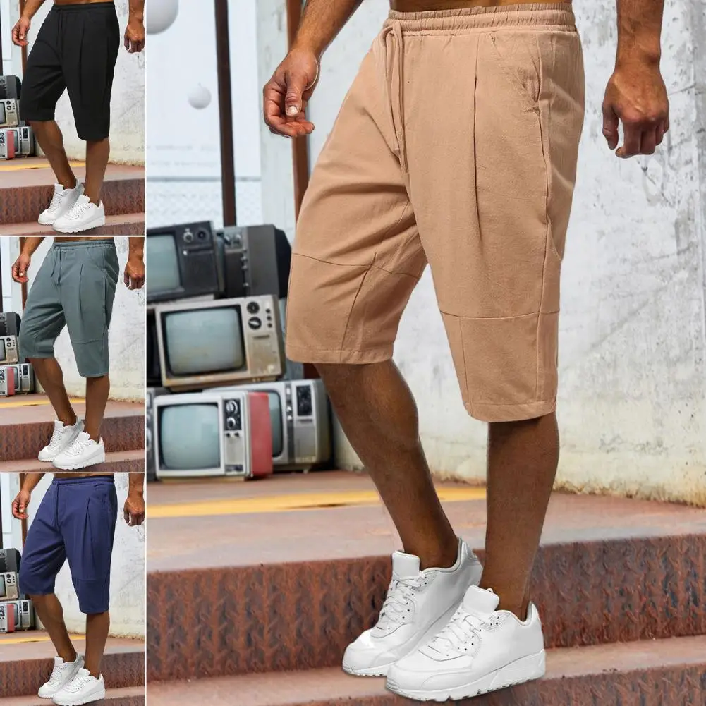 

Men Cargo Shorts Loose Drawstring Casual Pockets Shrink Resistant Keep Cooling Linen Solid Color Summer Cargo Shorts Men Clothes