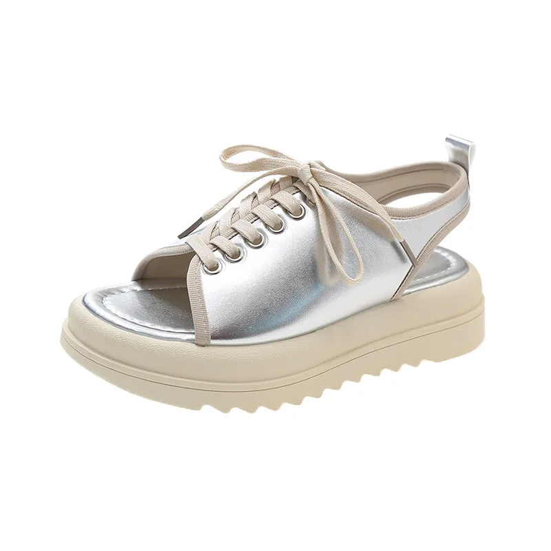 

Женские сандалии в римском стиле, новинка весны 2023, дизайнерская повседневная обувь на платформе, серебристые сандалии с открытым носком на шнуровке, Женская обувь в римском стиле