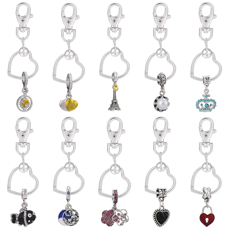 

Openable Keychain Pendants Ring Set Bag Car Phone Keychains Heart Ladybug Fish Four-leaf Clover Tower Crown Silver Color
