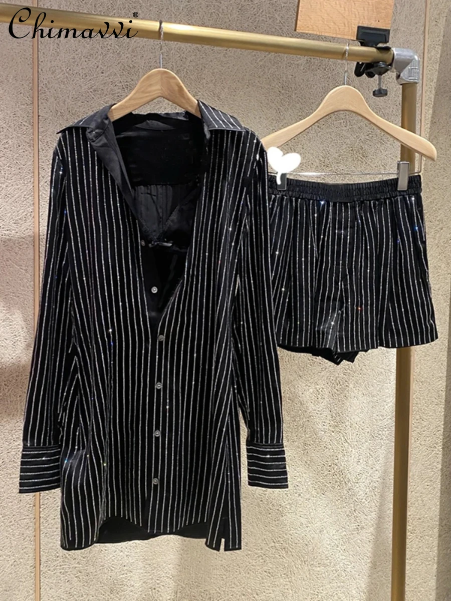 2022 Autumn New Light Luxury Rhinestone Vertical Striped Mid-Length Shirts Loose All-Match Casual Shorts Elegant Women's Suit