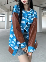 sunny y j streetwear harajuku fall bomber jacket women pu leather long sleeve blue button printed patchwork jackets for women