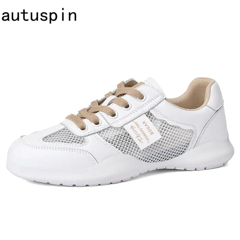 

Autuspin Brand Design Genuine Leather Sports Loafers Women Casual Comfy Air Mesh Vulcanize Shoes Ladies Fashion Popular Size 40