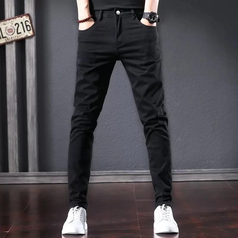 Casual Black Jeans Men Slim Fit Pencil Pants Fashion Streetwear Pure Color Denim Trousers CP2178
