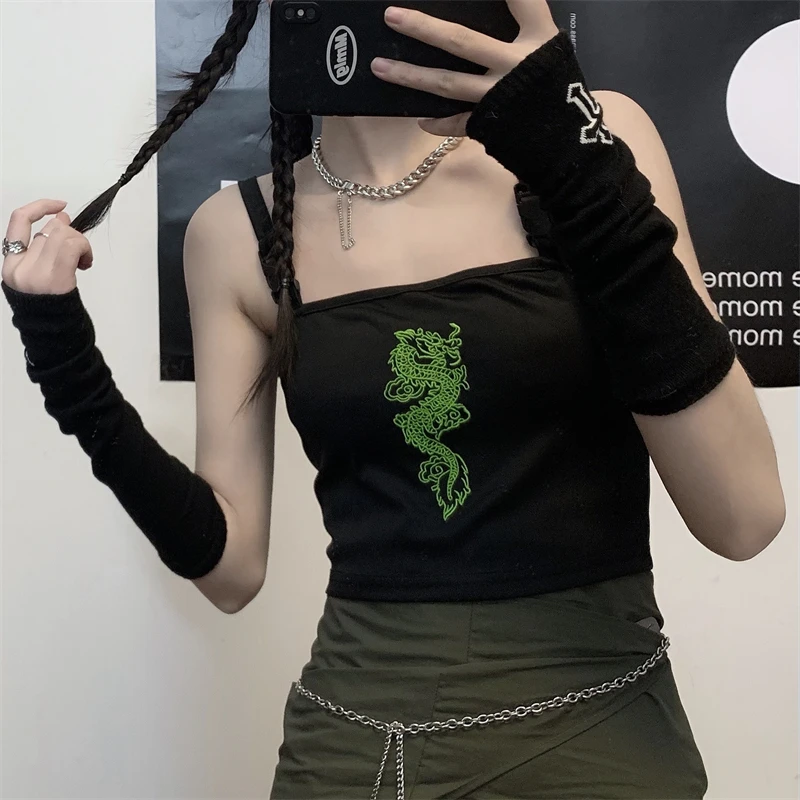 

Y2k Girl Chinese Dragon Embroidery Backless Camisole Gothic Style Black Female Rock Short Length Camis Harajuku Street Crop Top
