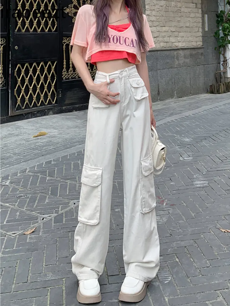 

Джинсы-карго Irabeezt женские, уличная одежда, повседневные брюки из денима, прямые модные джинсовые брюки с карманами в Корейском стиле, осення...