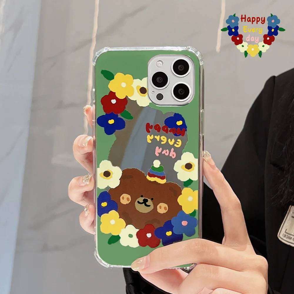 

ins Cute Bear Flower Mirror Phone Case For iPhone 12 13 11 Pro Max X Xs Xr 7 8 Plus Anti-fall Spring Color Flower Cases Cover