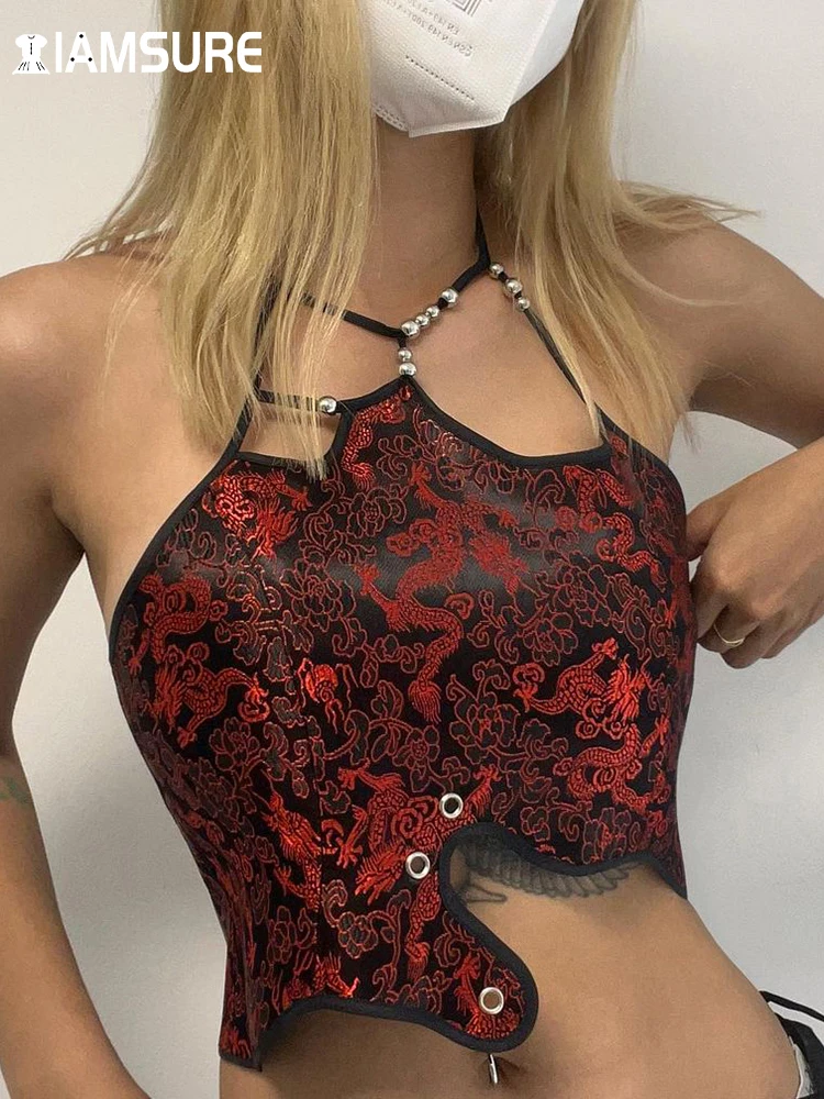 

IAMSURE Chinese Style Asymmetrical Crop Top Vintage Bandage Halter Camis Tops Women 2022 Summer Fashion Printed Tank Tops Ladies