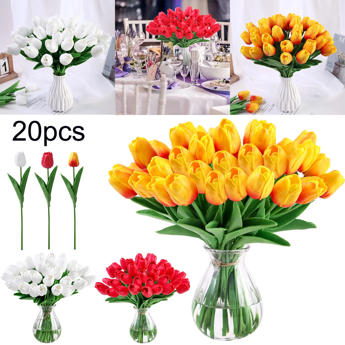 

Искусственные тюльпаны 20 шт., искусственные цветы тюльпанов, Реалистичная имитация цветов тюльпанов, Декоративный букет из искусственных т...