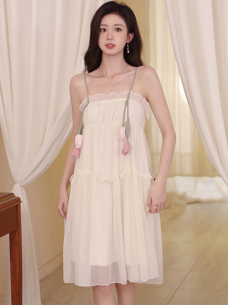 Women Summer Nightdress French Pure Mesh Nightgowns Pajama Lace Sexy Fairy Spaghetti Strap Sleepwear Ruffles Princess Homewear