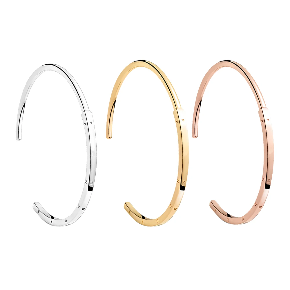 Pandora Sterling Silver Signature I-D Open Bangle Bijoux De Mode Pour Femmes Cadeaux D'anniversaire