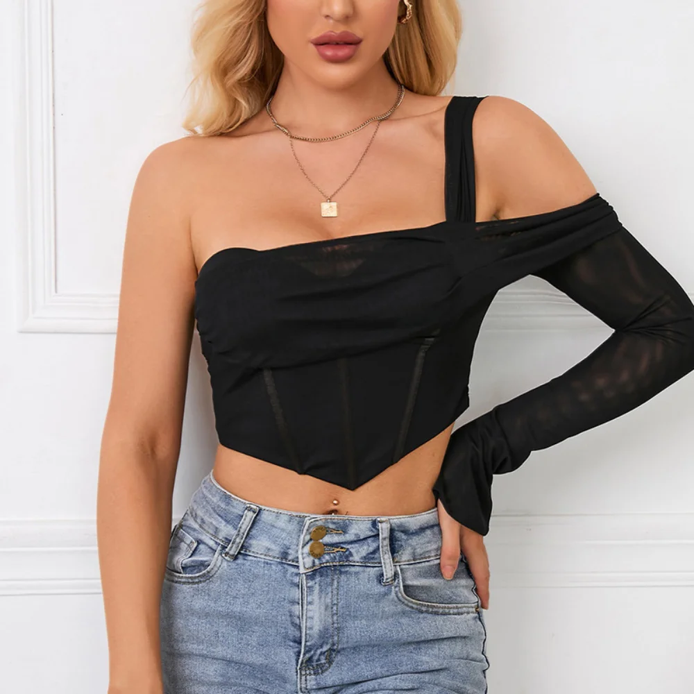 

Asymmetrical Crop Tops Women Sexy One Shoulder Camis Shirt Bodycon Women Bodysuits Sexy Club Party Fashion Shirts Summer Outfits