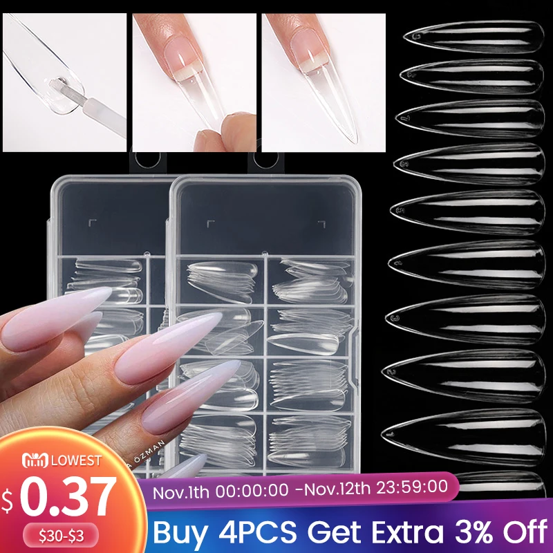 

100pcs/Box Press on False Nail Tips Natural Long Coffin FullCover False Nail For Gel Nails Tools Ballet Quick Building Mold