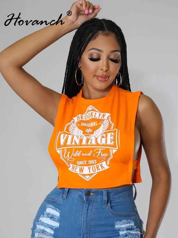 

Hovanch Letter Printed Tank Top Women's O-Neck Sleeveless Hollow Out T-shirt Summer 2023 Casual Versatile Top Street Apparel