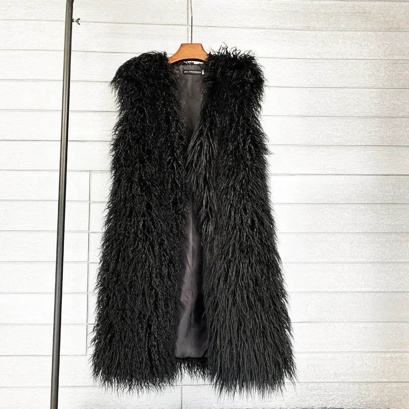 Women Mongolian Sheep Fur Long Vest Colorful Warm Faux Fur Plus Size Plush Coats Female Jacket Autumn Winter Furry Outerwear
