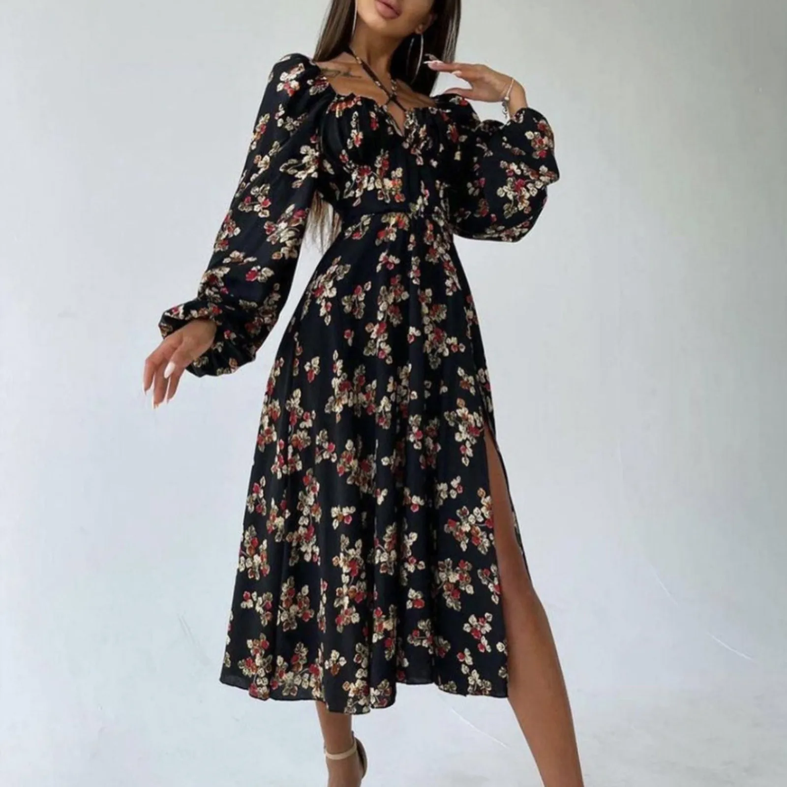 

Женские летние платья, длинное платье с цветочным принтом, бандажные повседневные женские платья на пуговицах с длинным рукавом, повседнев...
