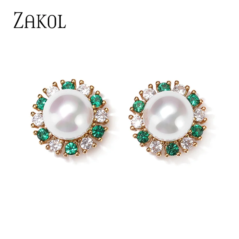 

ZAKOL Винтажные серьги-гвоздики с зеленым кубическим цирконием и цветком для элегантных женщин, модные ювелирные изделия с имитацией жемчуга ...